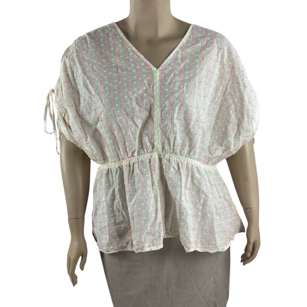 Lane Bryant Clip Dot Peplum Top White Neon Tie Sleeve 22/24